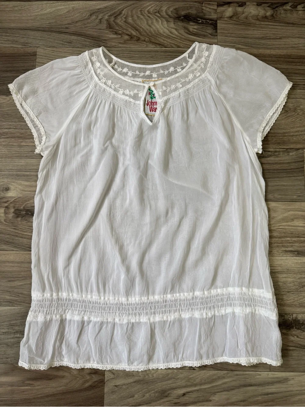 Johnny Was Lace Trim Peasant Blouse in White Delicate Bohemian Size Large - Picture 1 of 8